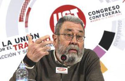 El secretario general de UGT, Cándido Méndez, durante la presentación en rueda de prensa del 41 Congreso Confederal del sindicato que se celebrará del 10 al 13 de abril en Madrid.