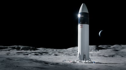 Recreación de la nave SpaceX Starship para llevar astronautas de la NASA a la luna.