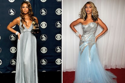 Manos a la cadera y con los pulgares hacia delante. Esa es su pose instaurada para todos los eventos, como la gala de los Grammy (en la foto, de 2007 y 2008).