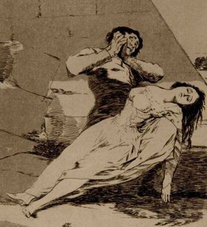 Aguafuerte, aguatinta bruñida con retoques a punta seca sobre papel hecho a mano, de Francisco de Goya, 1855. Conjunto completo compuesto por 80 grabados, más portada original correspondientes a la segunda edición.