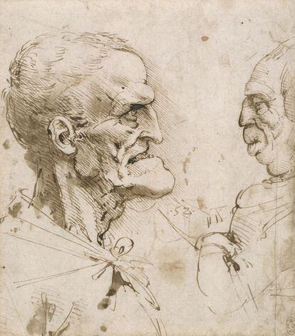 Leonardo da Vinci (1452–1519)  Dos perfiles grotescos enfrentados  1485-90