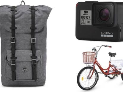 A la izq., mochila TWIG de tela estilo 'vintage'; a la derecha, arriba, cámara GoPro Hero 7 con Estabilizador UHD 4K60. Abajo, triciclo de adultos con dos cestas.