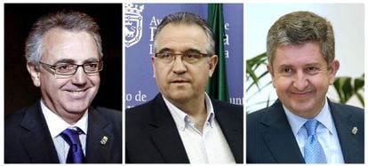 De izquierda a derecha, el expresidente del Gobierno de Navarra Miguel Sanz; al alcalde de Pamplona, Enrique Maya, y al exconsejero de Economía y Hacienda Álvaro Miranda.