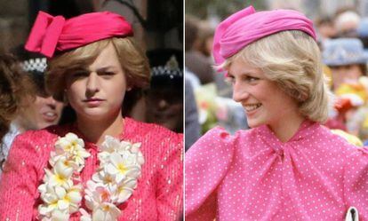 Emma Corrin como Diana de Gales y, a la izquierda, la princesa con un traje muy similar en Perth (Australia) en 1983.