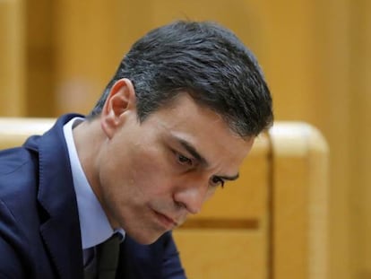 El presidente del Gobierno, Pedro Sánchez, durante su asistencia al pleno del Senado