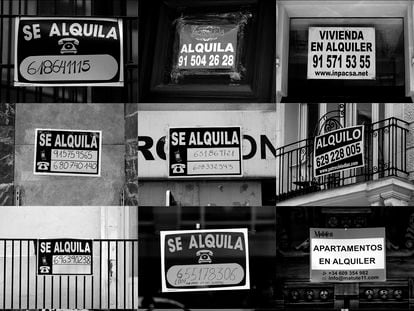 Carteles de alquiler de viviendas en Madrid.