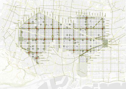 Plan, a una década vista, para convertir el Eixample de Barcelona en una gran supermanzana formada por calles pacificadas.