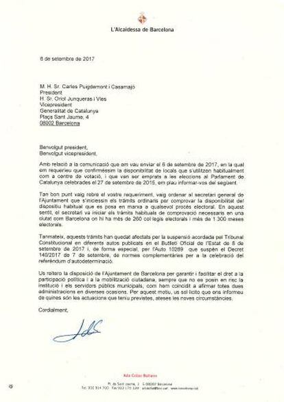 La carta de Ada Colau a Carles Puigdemont.