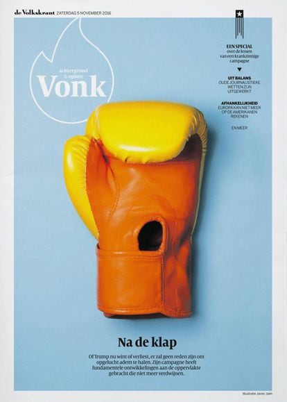 El periódico neerlandés "De Volkskrant" publicó en portada el 5 de noviembre de 2016 una imagen en la que se cosificaba a la persona de Donald Trump como si fuera un guante de boxeo.