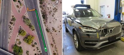 A la izquierda, localización del accidente. A la derecha, estado del vehículo de Uber tras la colisión.
