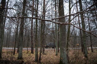 A military vehicle patrols the Bialowieza Forest.