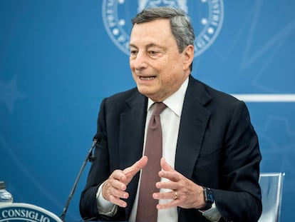 El primer ministro italiano, Mario Draghi, en una rueda de prensa este jueves, en Roma.