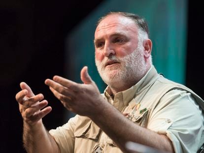 FILE - This Aug. 31, 2019 file photo shows chef and restaurant owner Jose Andres speaking at the Library of Congress National Book Festival in Washington. Andrés and his World Central Kitchen have been awarded a prestigious Spanish prize for their international relief work promoting healthy food. (AP Photo/Cliff Owen, File)