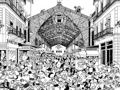 Una de las l&aacute;minas de Josep Maria Blanco, la dedicada al mercado de la Boquer&iacute;a. 