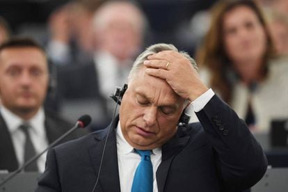 El primer ministro húngaro, Viktor Orban, en el debate del martes en el Parlamento Europeo. (FREDERICK FLORIN / AFP)