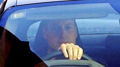 Britain's Prince William drives away from the London Clinic, in central London, where Kate, the Princess of Wales is recovering after undergoing successful abdominal surgery, Thursday Jan. 18, 2024. (Lucy North/PA via AP)