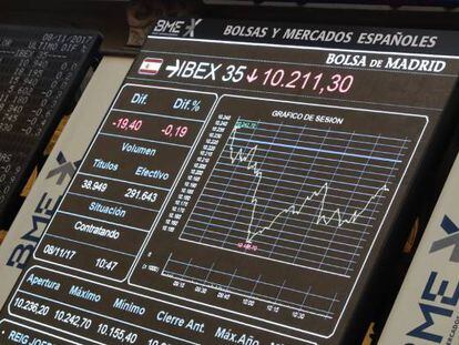 Un panel informativo muestra la evolución del Ibex 35, en la Bolsa de Madrid.