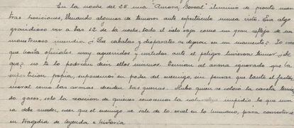 La carta del 28 de enero de 1938, con el pasaje en el que Antonio Esteve relata a su familia desde Villastar, en el frente de Teruel, la experiencia de haber observado tres días antes la aurora boreal. La carta fue hallada recientemente junto a documentos y objetos personales en una maleta.