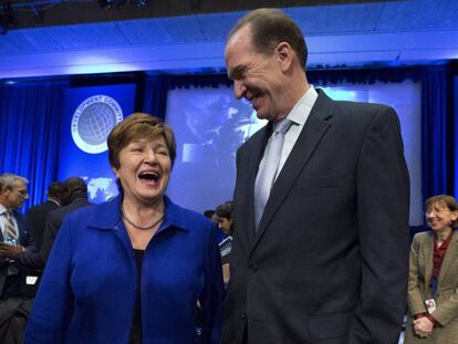 Kristalina Georgieva, directora gerente del Fondo Monetario Internacional, y David Malpass, presidente del Banco Mundial, en Washington, en octubre de 2019. 