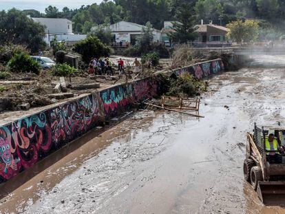 Un grupo de voluntarios limpia una zona de la localidad de Sant Llorenç,en Mallorca, tras las inundaciones del 9 de octubre.