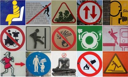 'Collage' con señales de España, Portugal, Reino Unido, Italia, Grecia, Tailandia, China y Japón.