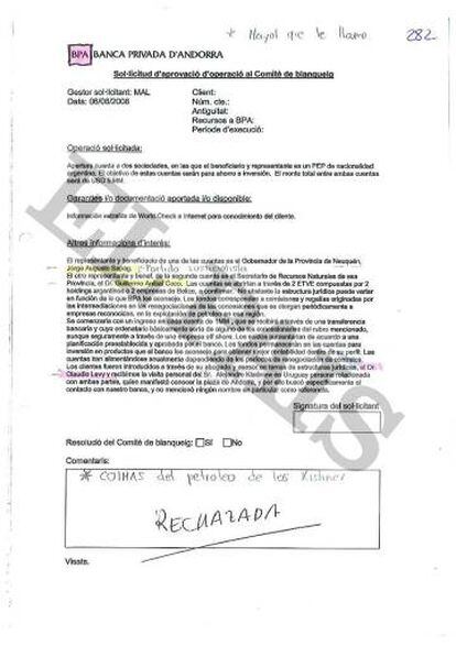 Documento confidencial de la Banca Privada d’Andorra (BPA) donde se rechaza la apertura de las cuentas vinculadas al exgobernador y al exministro de Energía de Neuquén, Jorge Sapag y Guillermo Coco, respectivamente.