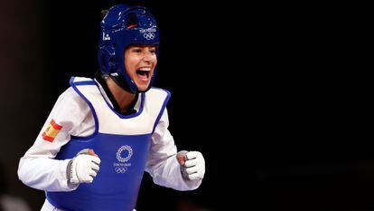 Adriana Cerezo, celebra el pase al combate por el oro en los Juegos de Tokio en la categoría de -49kg.