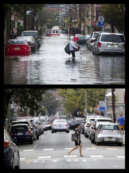 Arriba, una mujer cruza por una calle inundada en Hoboken, Nueva Jersey, el 30 de octubre de 2012. Abajo, una mujer cruza por la misma calle el 11 de octubre de 2017.