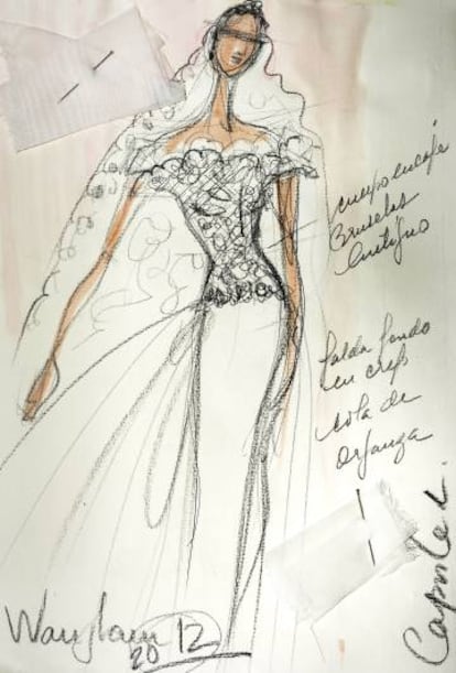 Bocetos de tres vestidos dibujados por Lorenzo Caprile.