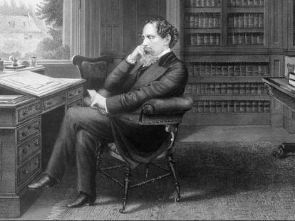 Charles Dickens en su estudio en Gads Hill Place, Inglaterra. Grabado de Samuel Hollyer, 1875.