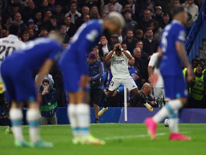 Rodrygo festeja uno de sus goles al Chelsea el pasado martes en Stamford Bridge.