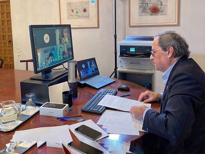 El president Quim Torra, durant una reunió telemàtica. 