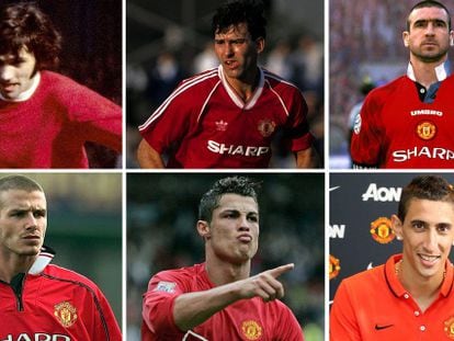 En orden cronol&oacute;gico, de arriba abajo y de izquierda a derecha: Best, Robson, Cantona, Beckham, Cristiano Ronaldo y Di Mar&iacute;a.