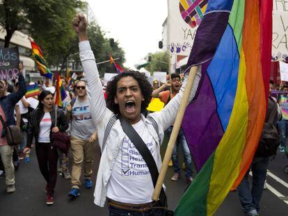 Un hombre grita en una manifestaci&oacute;n por los derechos de los homosexuales en Ciudad de M&eacute;xico.