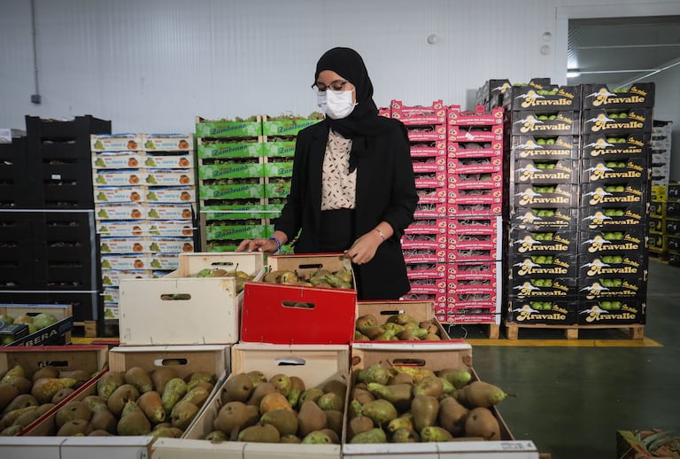 Lamia Azzi, hija de los propietarios marroquíes de la empresa de frutas Azahara, en sus almacenes y dependencias donde dirige el negocio familiar.