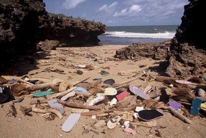 En tramos de costa del Índico se recogen hasta 300 kilos de chancletas al día.