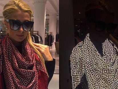 Una imagen de Paris Hilton con la bufanda. En la primera la foto fue tomada sin flash y en la segunda con flash.