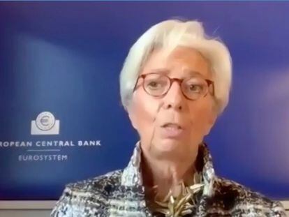 Captura de vídeo de la presidenta del BCE, Christine Lagarde, durante su intervención este lunes en el Foro de Davos.