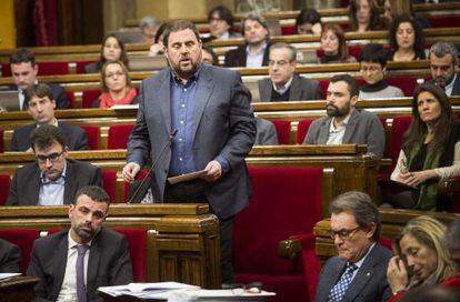 Oriol Junqueres, durant la seva intervenci&oacute; avui al Parlament.