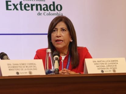 Martha Lucía Zamora durante una conferencia en la Universidad del Externado, en octubre.