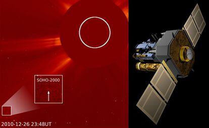 Imagen del Sol tomada con el coronógrafo del observatorio <i>Soho</i> en la que se aprecia (recuadrado abajo, a la izquierda) el nuevo cometa, e ilustración del telescopio, a la derecha.
