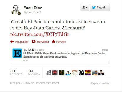 Reproducción del mensaje difundido por el usuario en la madrugada del martes y del posterior mensaje directo remitido a la cuenta de EL PAÍS.