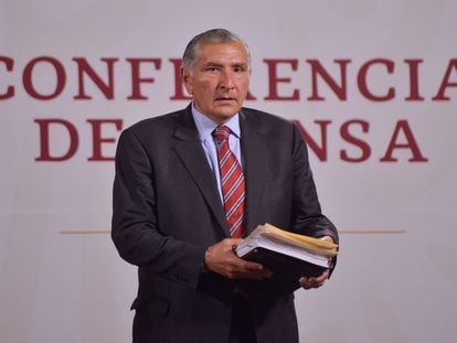 El secretario de Gobernación, Adán Augusto López, durante una conferencia en Palacio Nacional, en Ciudad de México, el 29 de julio de 2022.