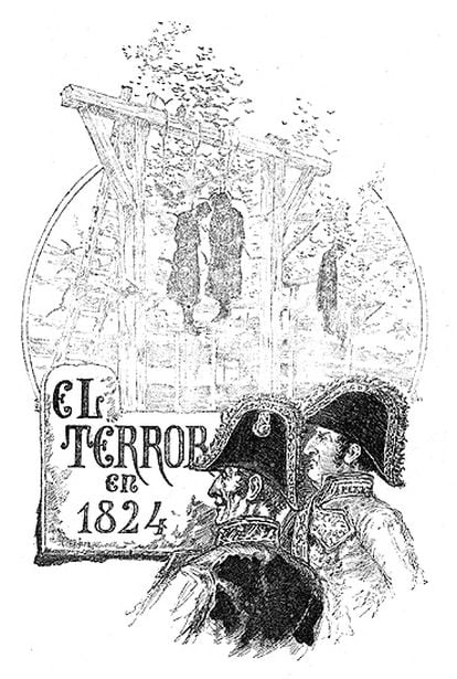 Cover of 'The Terror of 1824', by Benito Pérez Galdós, illustrated by Gómez Soler y Pellicer and published in 1877.