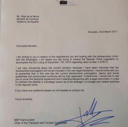 Carta de la presidenta de la Comisión de Fomento en el Parlamento Europeo, Karima Delli, al ministro de Fomento.