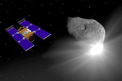 Montaje de un dibujo de la nave <i>Stardust</i> y una imagen del cometa Tempel 1, fotografiado por <i>Deep Impact</i> tras dispararle un proyectil.