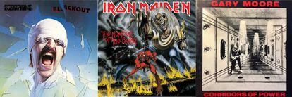Las portadas de 'Blackout', de Scorpions; 'The number of the beast', de Iron Maiden, y 'Corridors of power', de Gary Moore.
