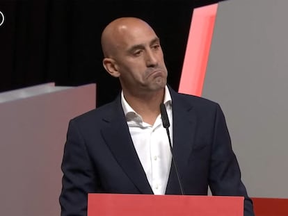 Luis Rubiales, durante su comparecencia en la asamblea de la RFEF el viernes.