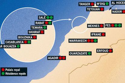 27 Palacios y residencias reales en Marruecos. Los palacios están en rojo y las residencias en verde