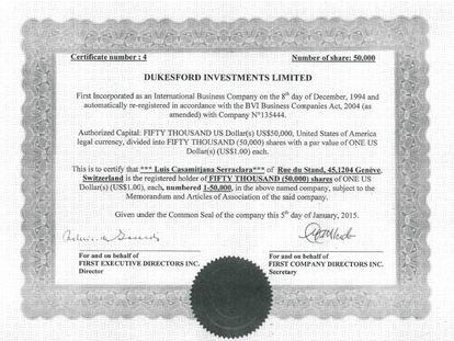 Document que acredita Lluís Casamitjana com a propietari de Dukesford Investments.